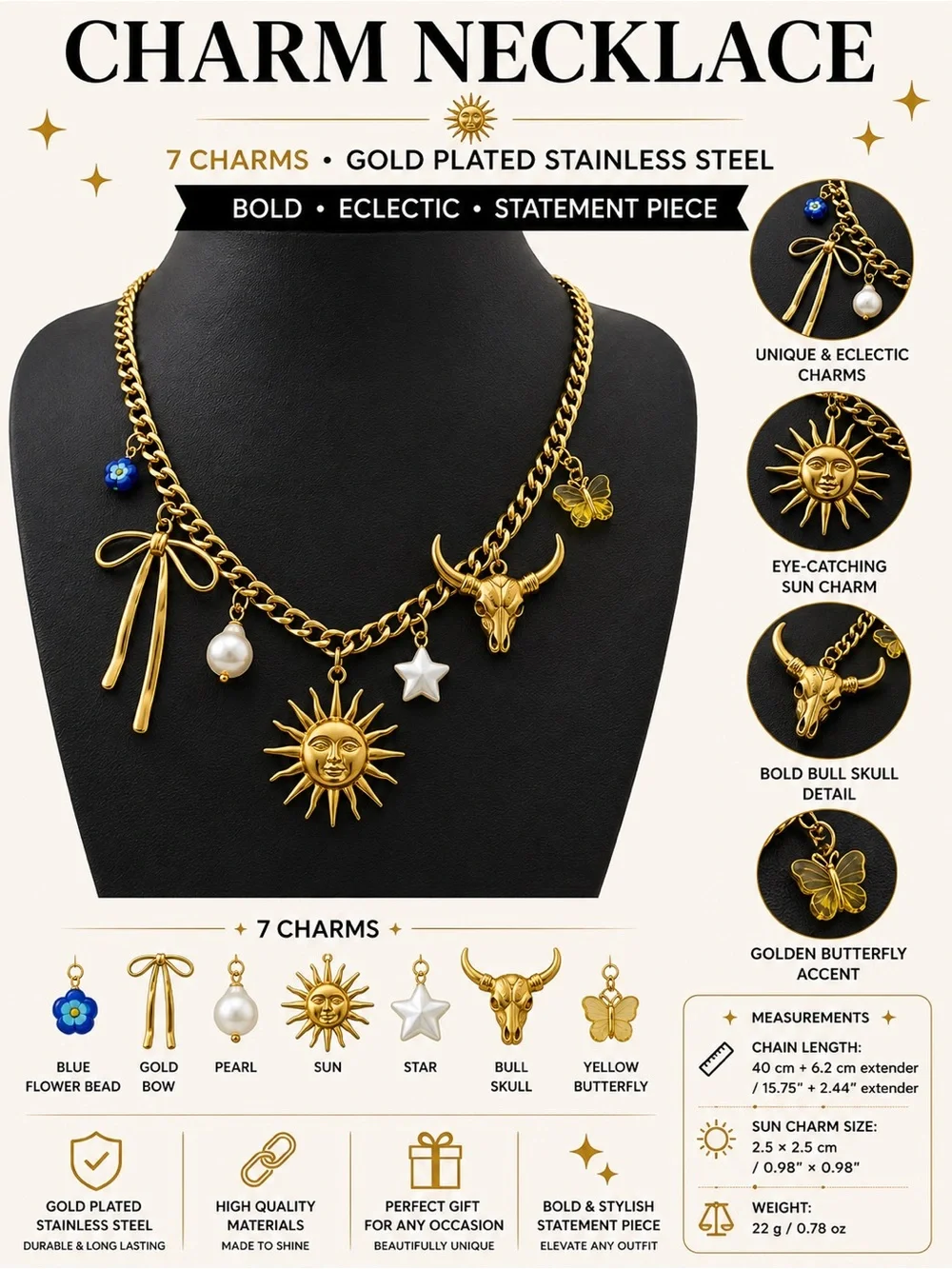 Western Sun Gold Plated Stainless Steel 7 Charm Statement Necklace - New